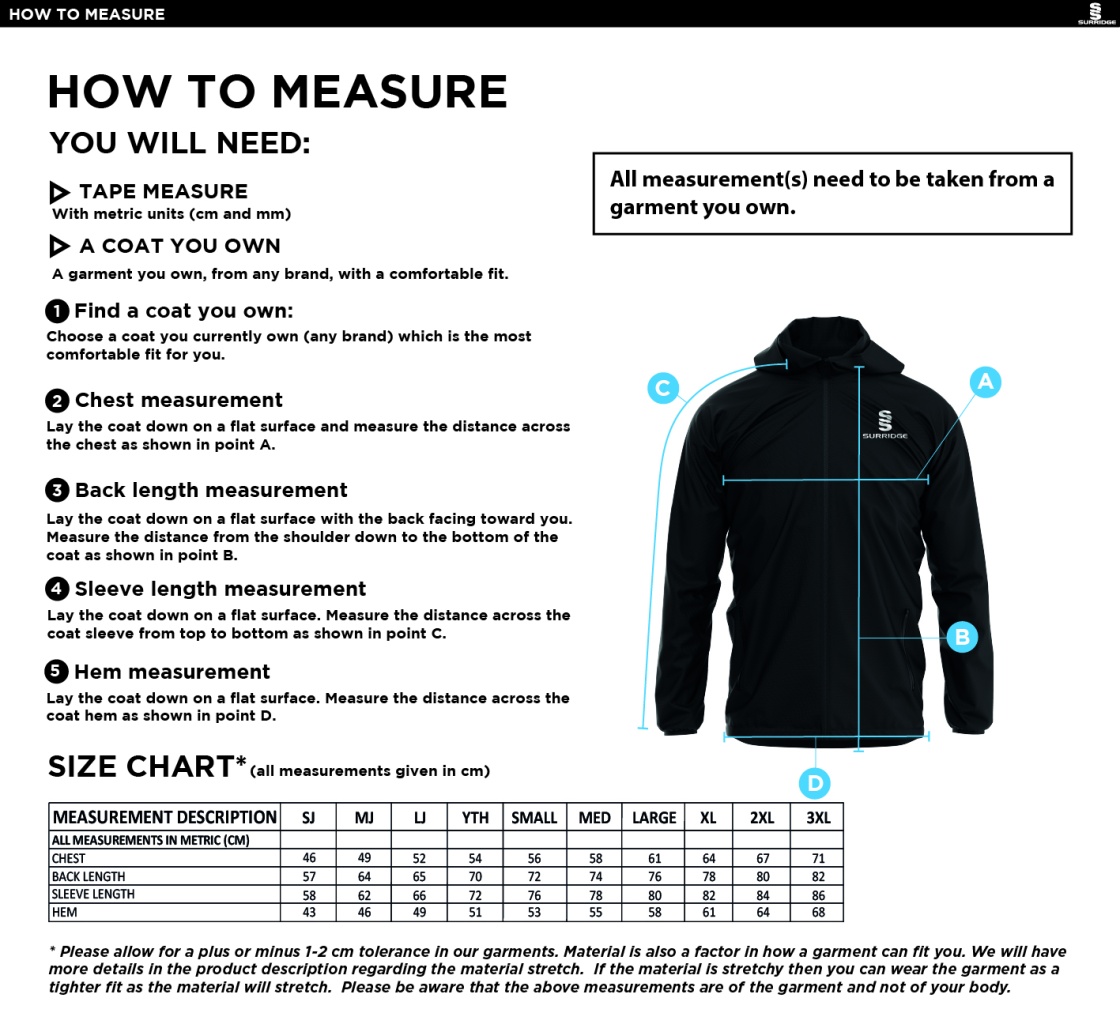 ADDINGTON VILLAGE CC Dual Elite 1/4 Zip Hoody / Rain Jacket : Black - Size Guide