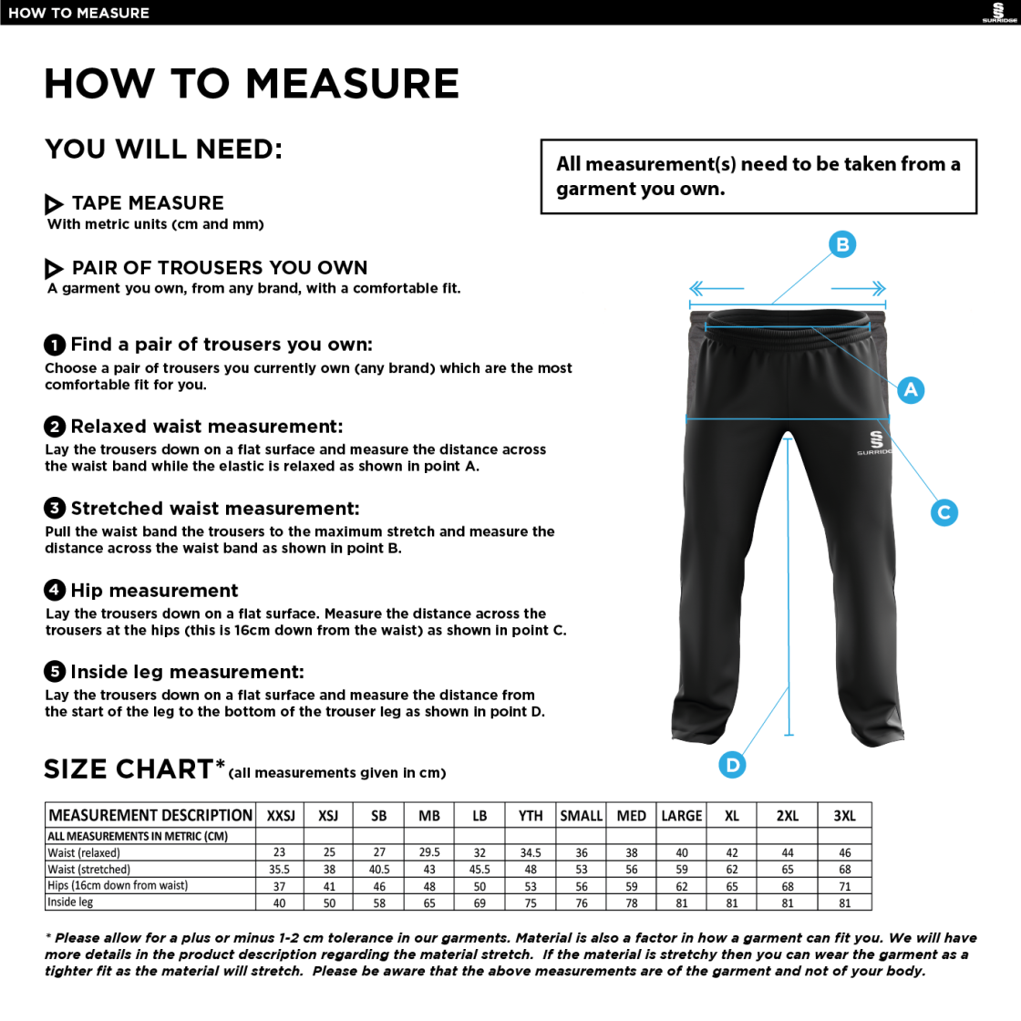 ADDINGTON VILLAGE CC Classic Tracksuit Pant 3/4 Zip Length Navy Mens - Size Guide