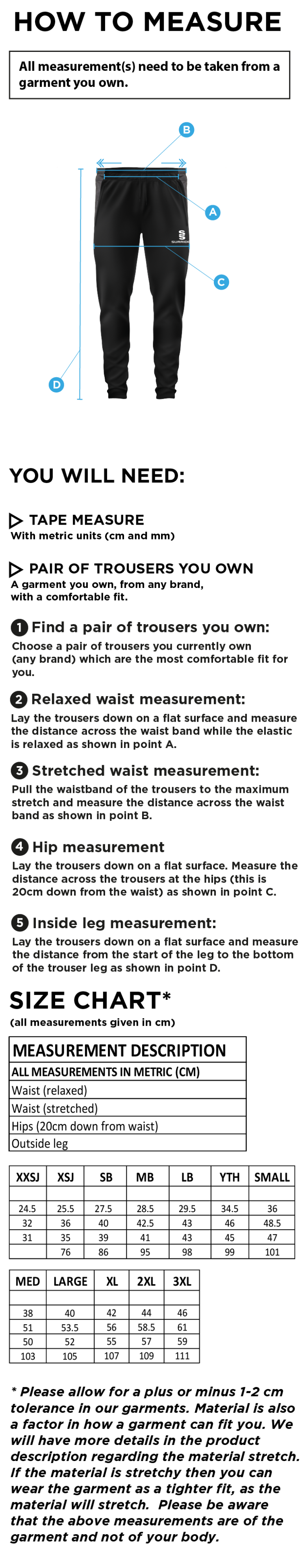 Addington Village CC Tek Pants - Size Guide