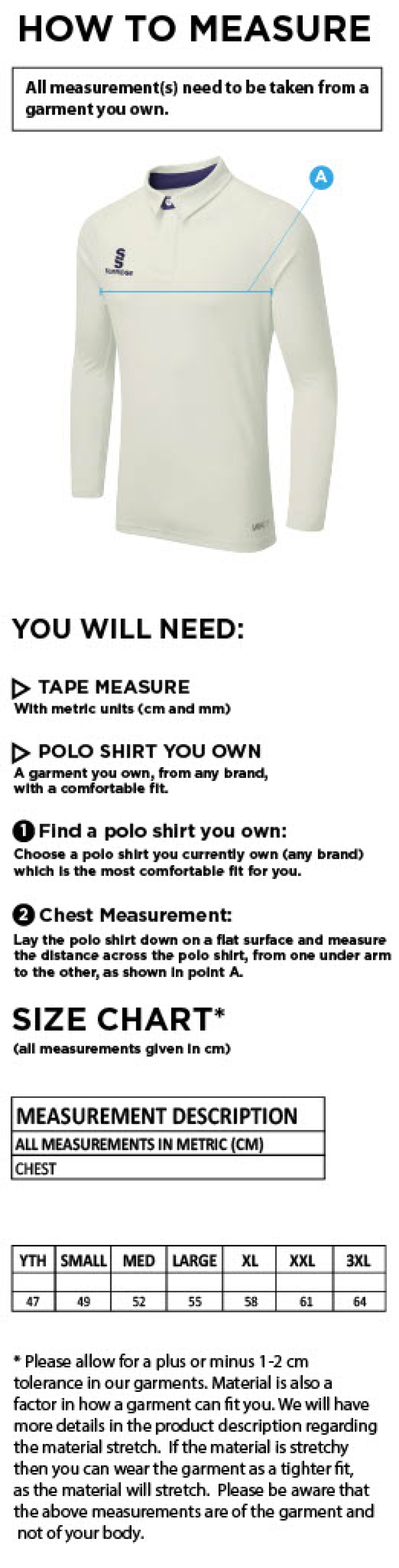 Addington Village CC Ergo L/S Playing Shirt - Size Guide