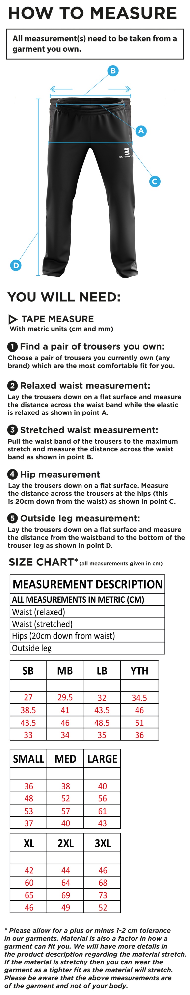 Addington Village Poplin Track Pants - Size Guide