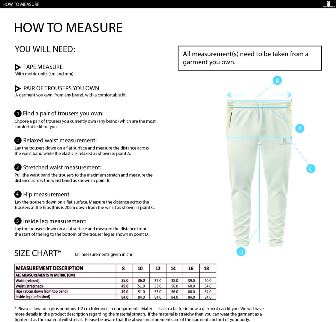 ADDINGTON VILLAGE CC Ergo Playing Women`s Pant - Size Guide
