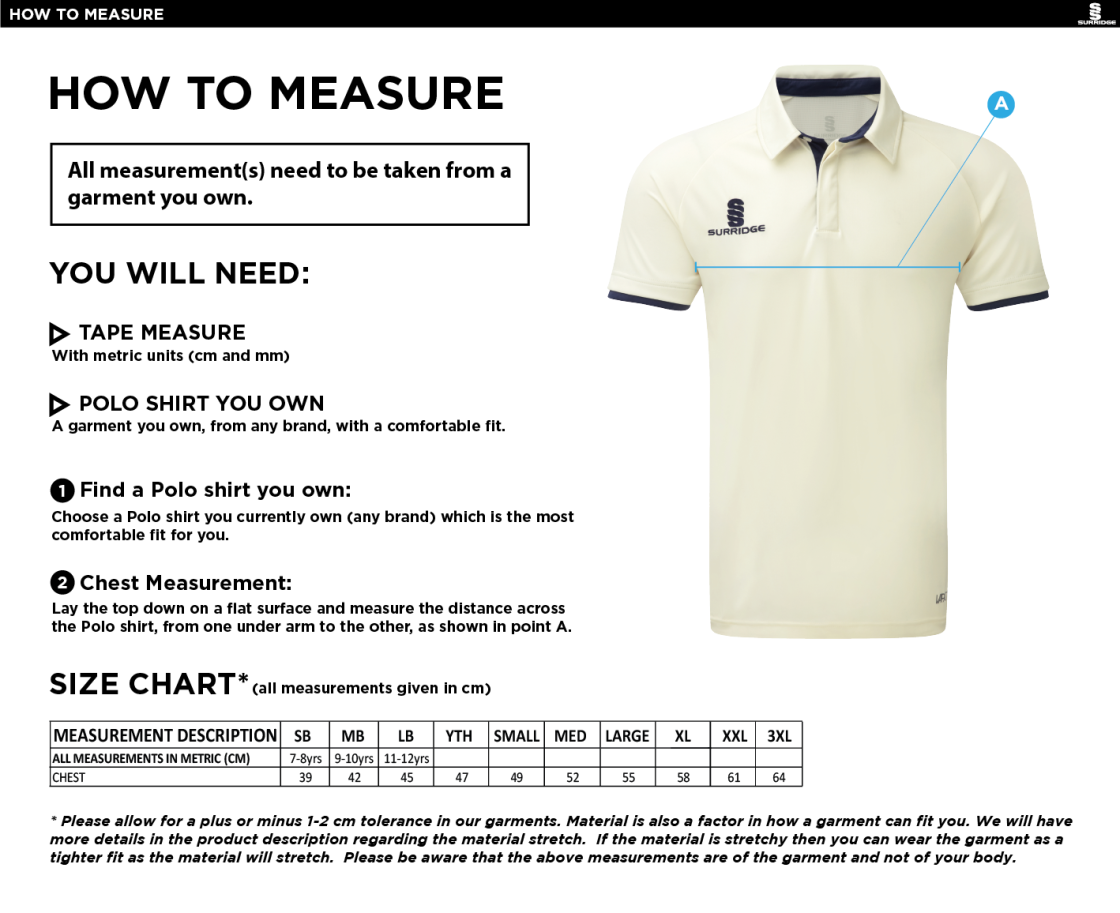 Addington Village CC S/S Ergo Playing Shirt - Size Guide