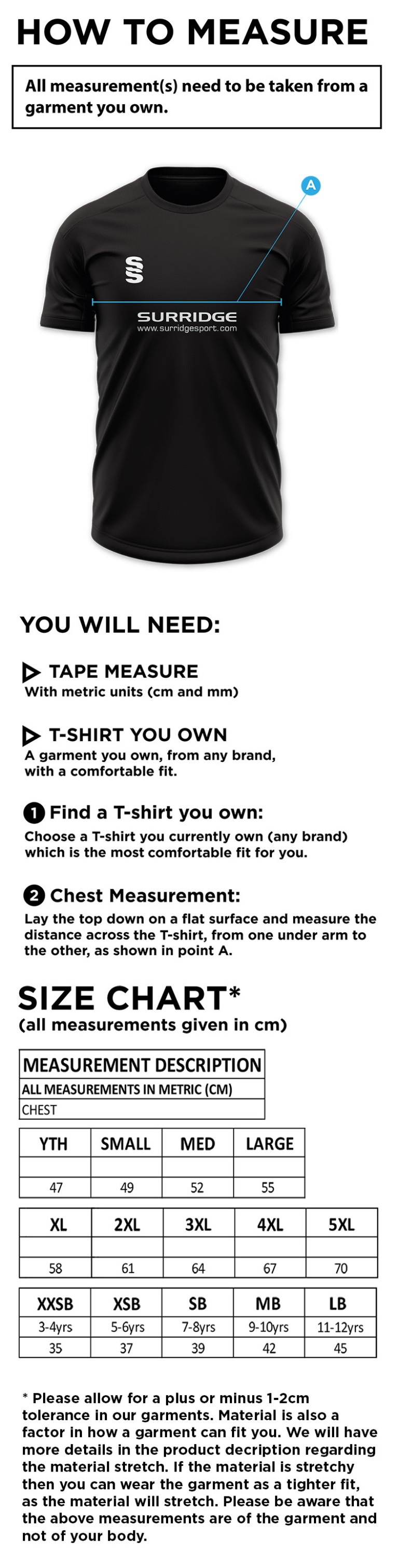 Addington Village CC Blade Training Shirt - Size Guide