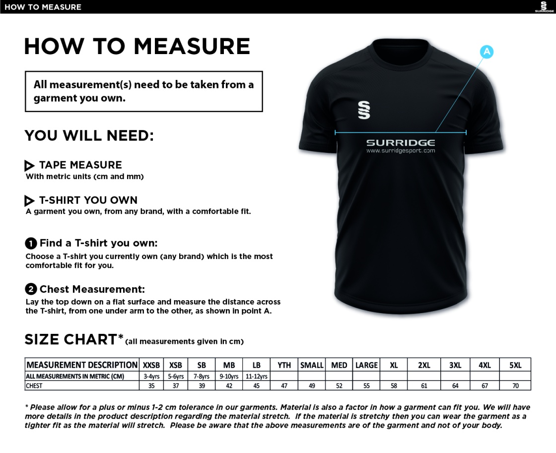 Addington Village CC Blade Training Shirt - Size Guide