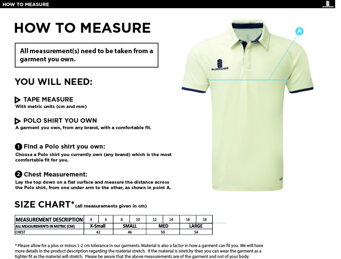 ADDINGTON VILLAGE CC Dual Cricket Shirt Short Sleeve Womens - Size Guide