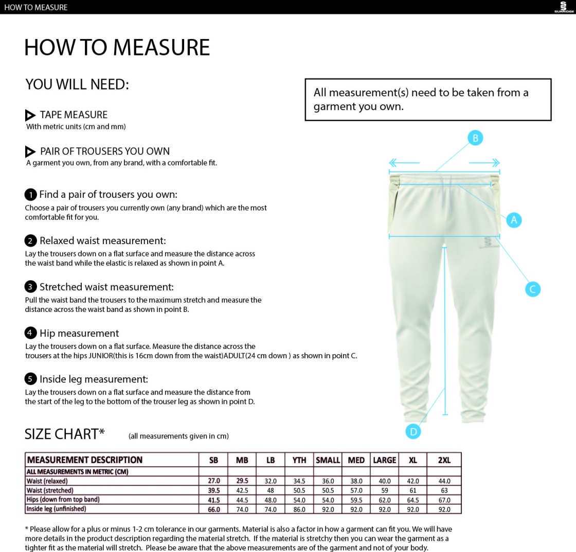 Addington Village CC Playing Pants - Size Guide