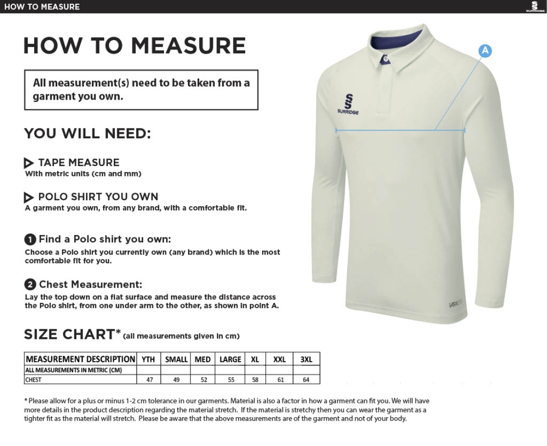 Addington Village CC Ergo L/S Playing Shirt - Size Guide