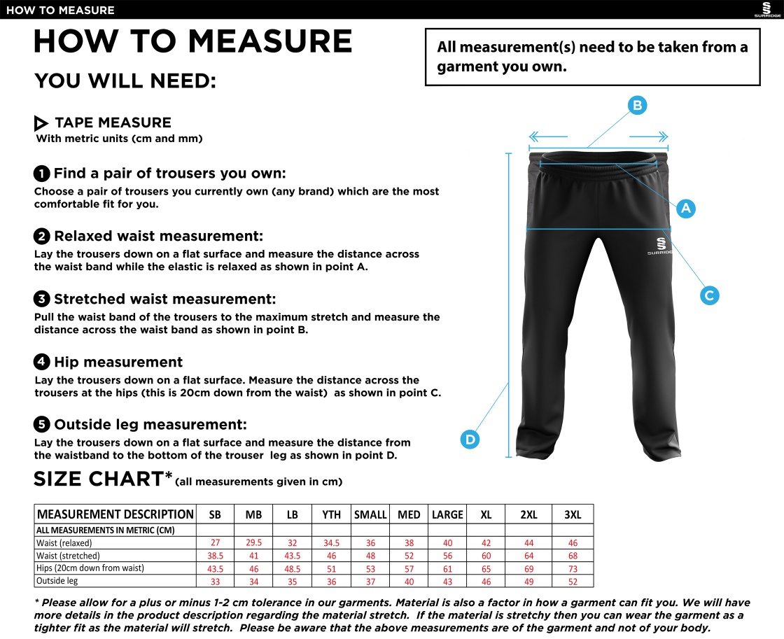 Addington Village Poplin Track Pants - Size Guide