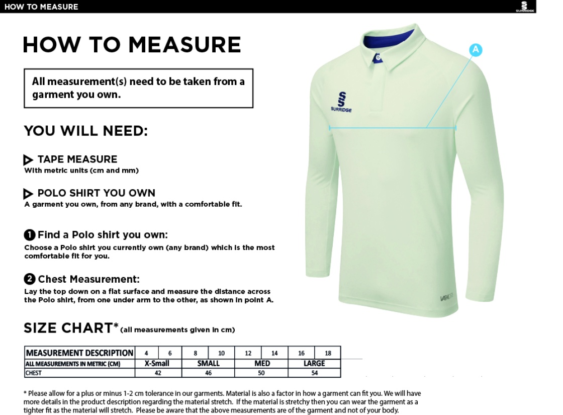 ADDINGTON VILALGE CC DUAL LONG SLEEVE CRICKET SHIRT (WOMENS)-Ivory - Size Guide